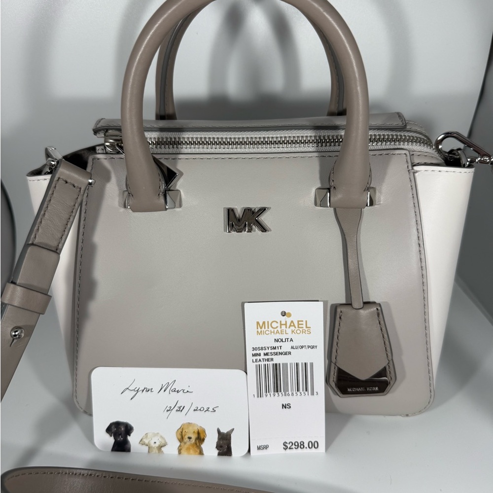 Michael Kors Taupe and White Satchel